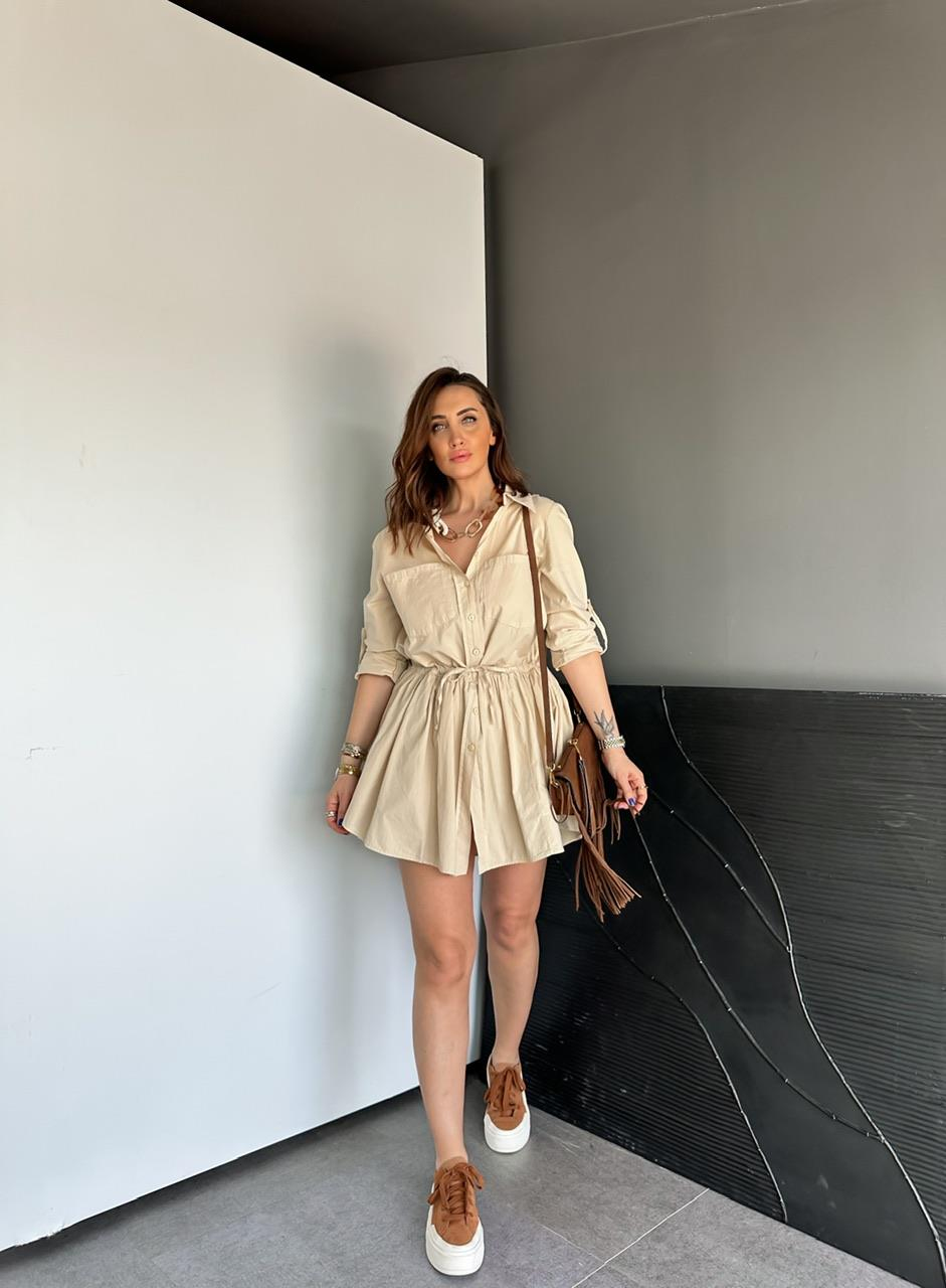 Krem Şortlu Gömlek Elbise