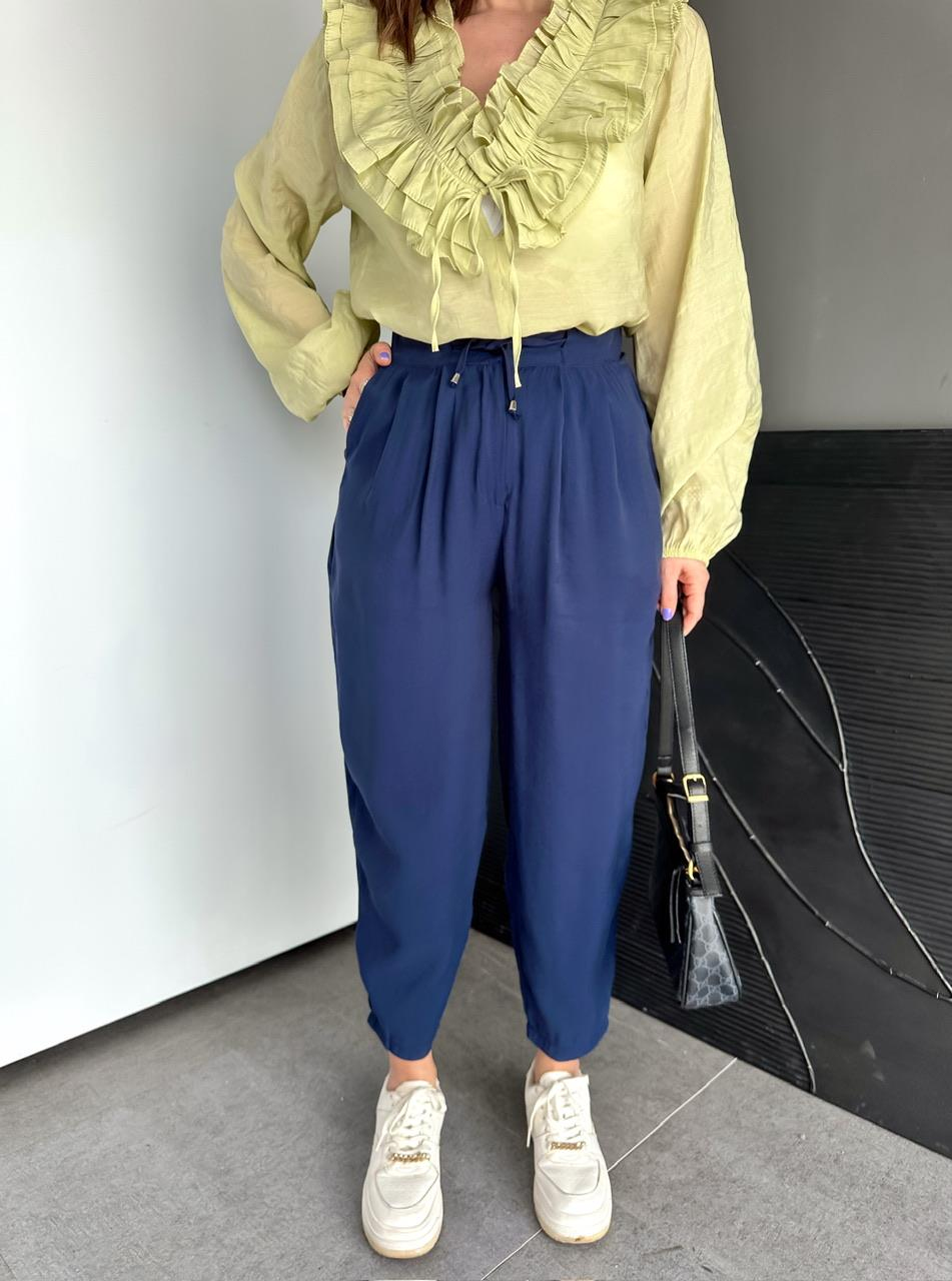 Lacivert Beli Lastikli Basic Bol Pantolon