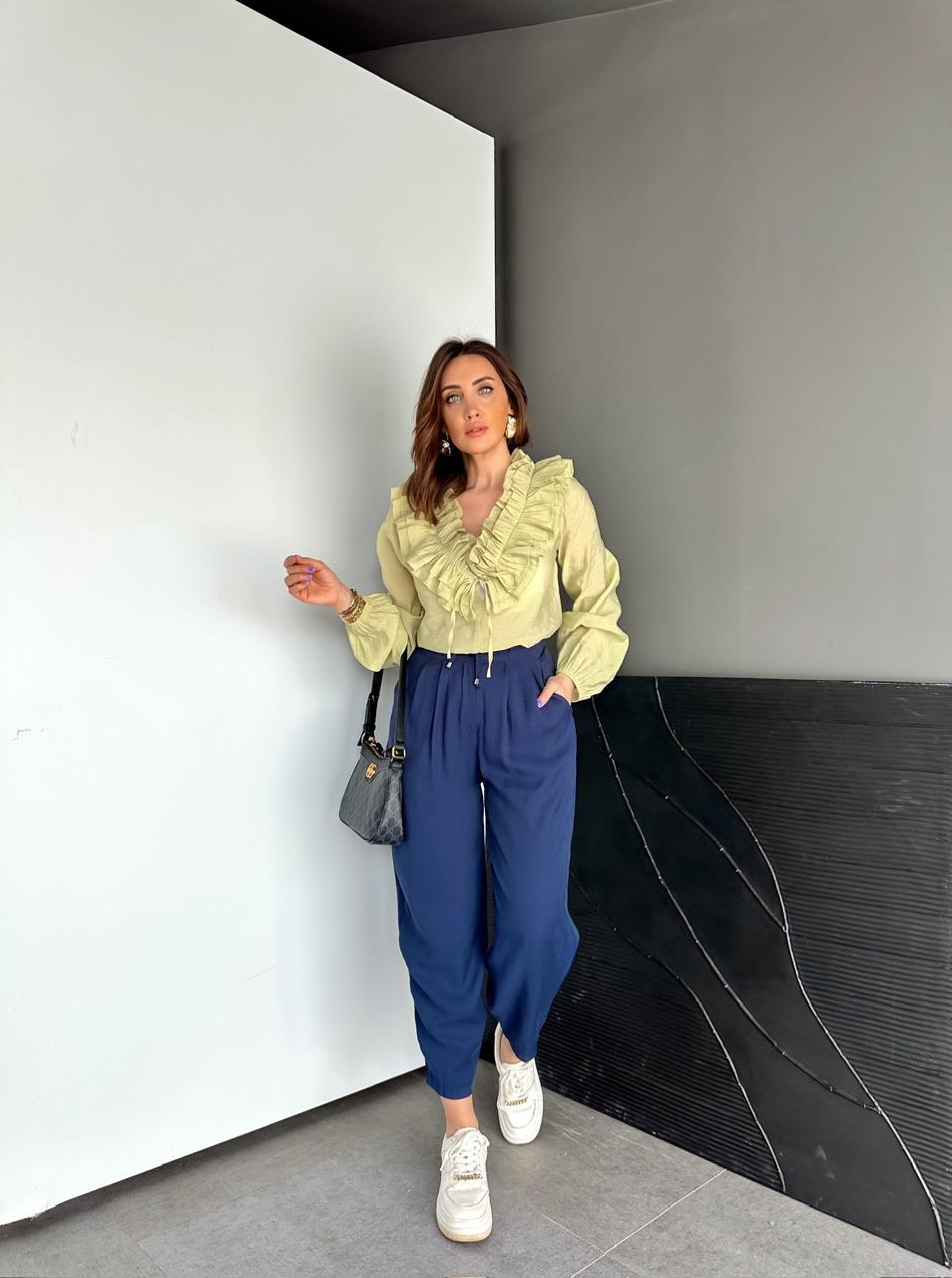 Lacivert Beli Lastikli Basic Bol Pantolon