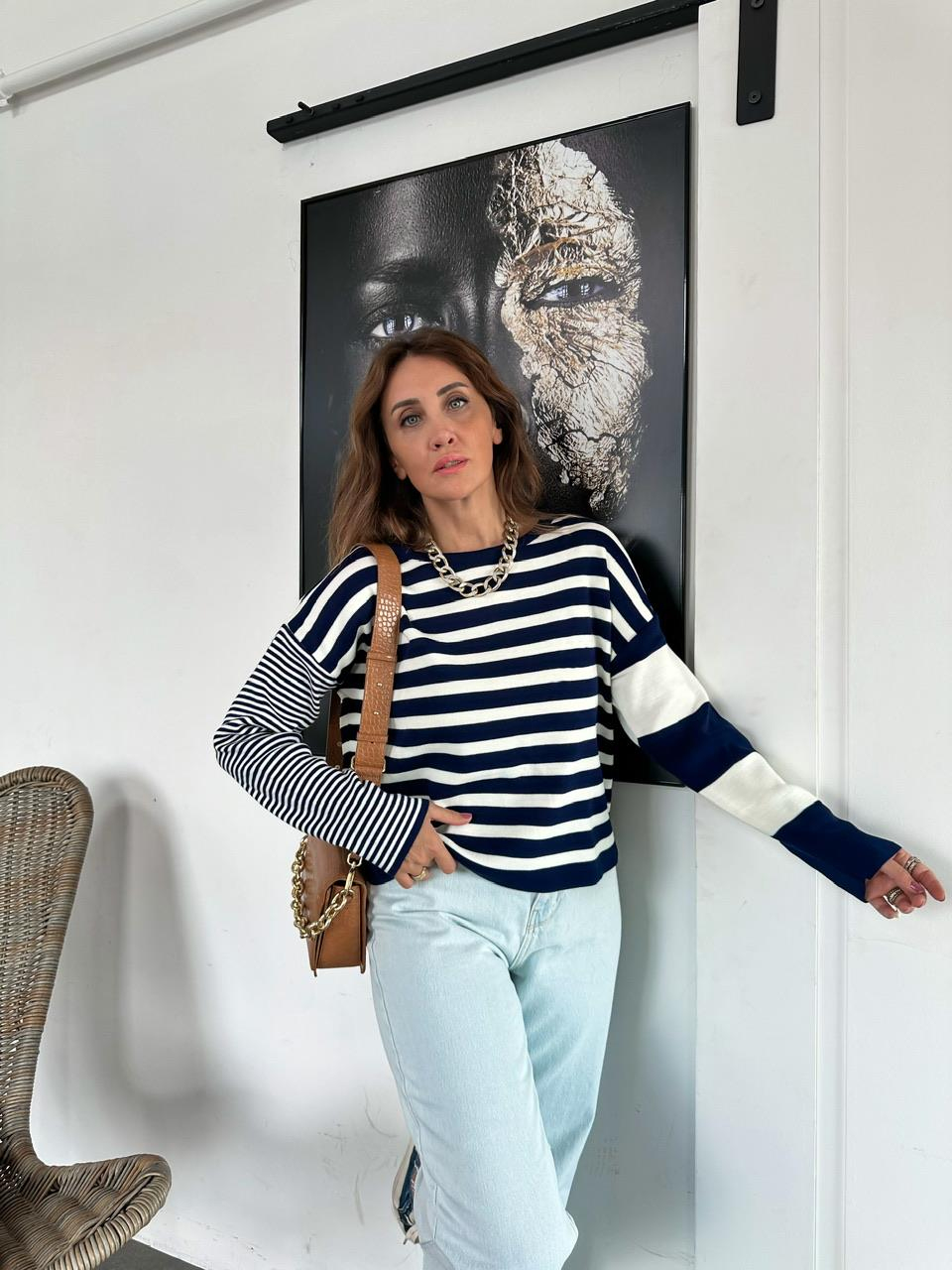 Lacivert Çizgili Basic Kazak