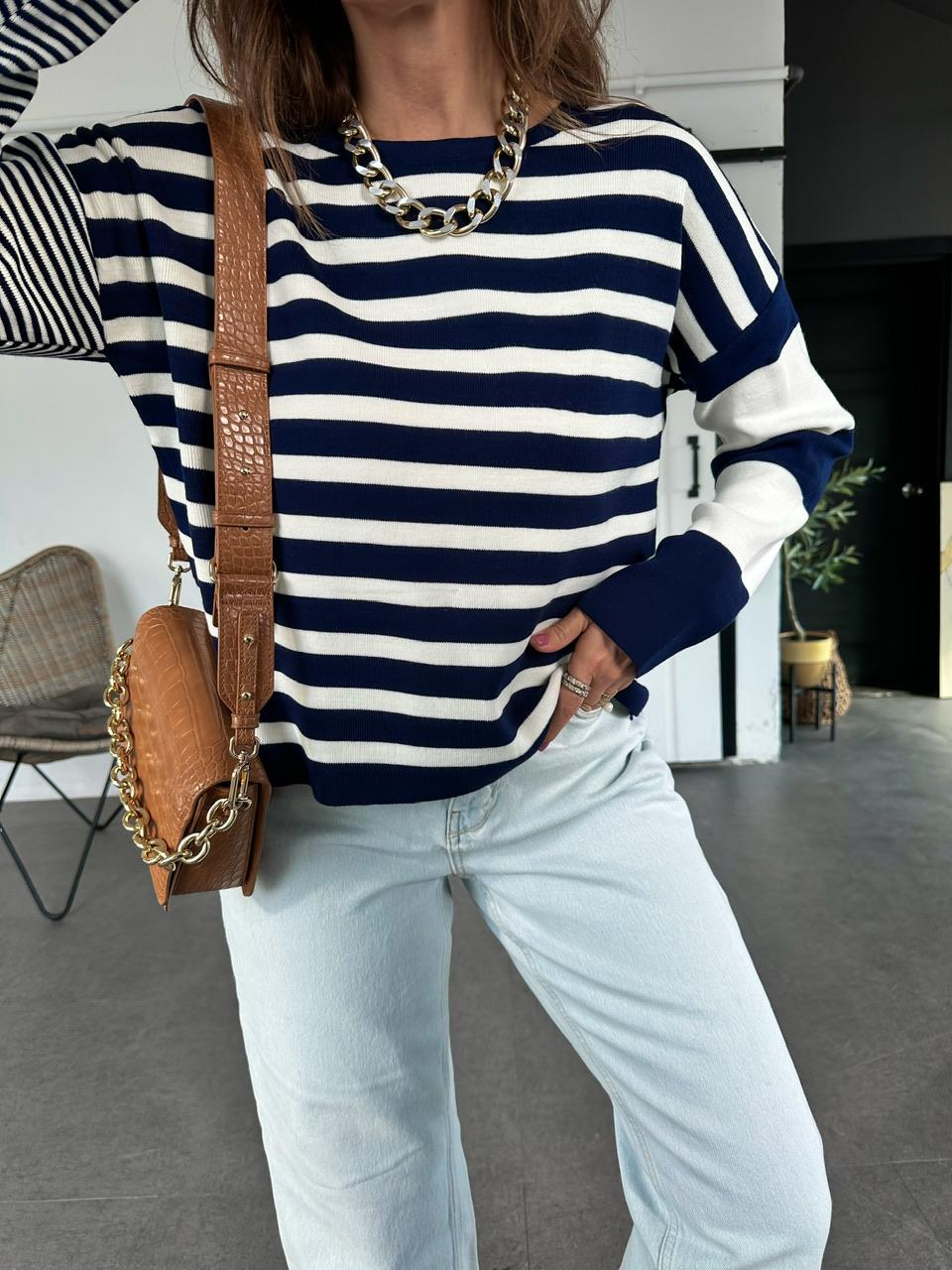 Lacivert Çizgili Basic Kazak