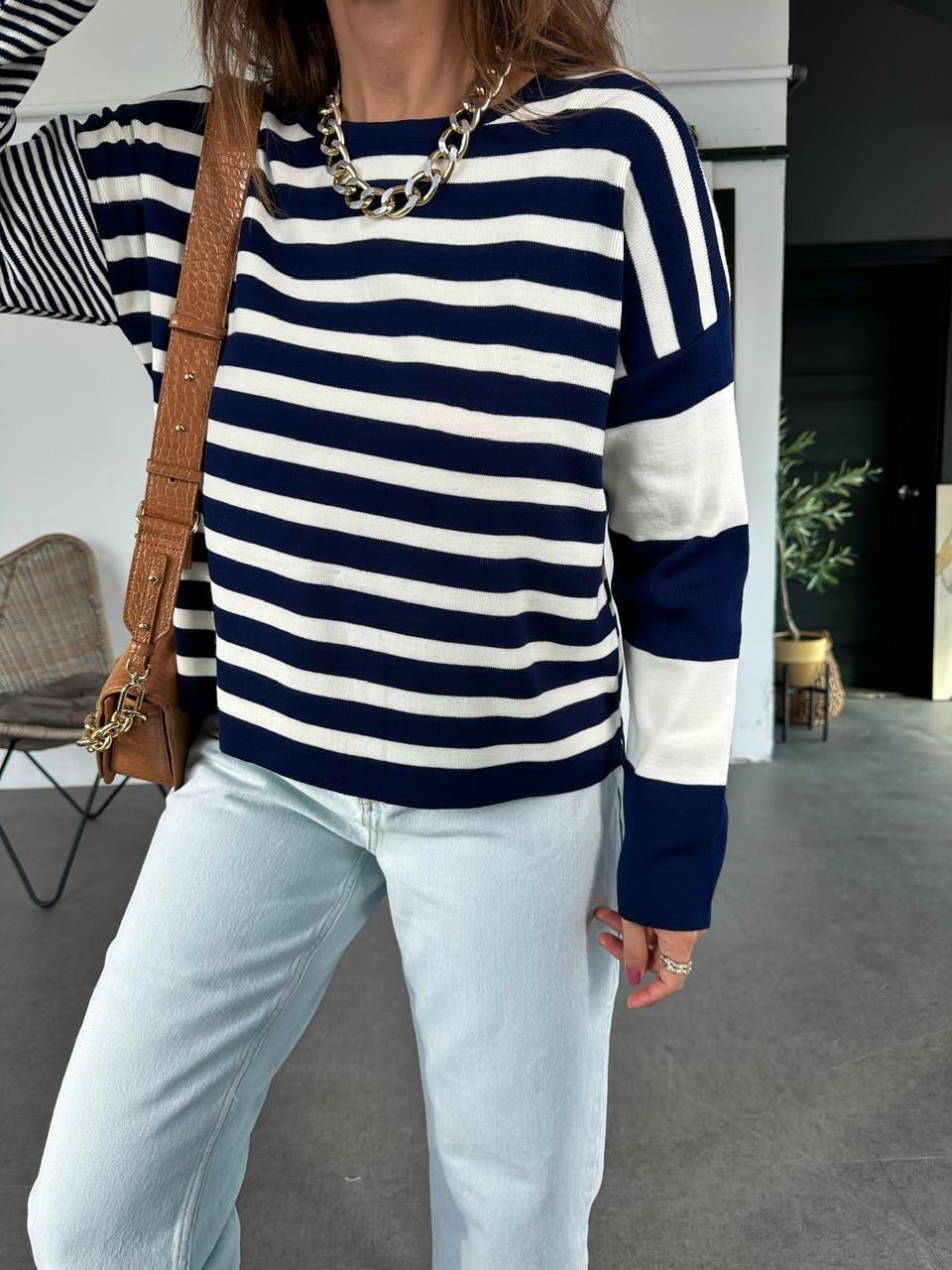 Lacivert Çizgili Basic Kazak