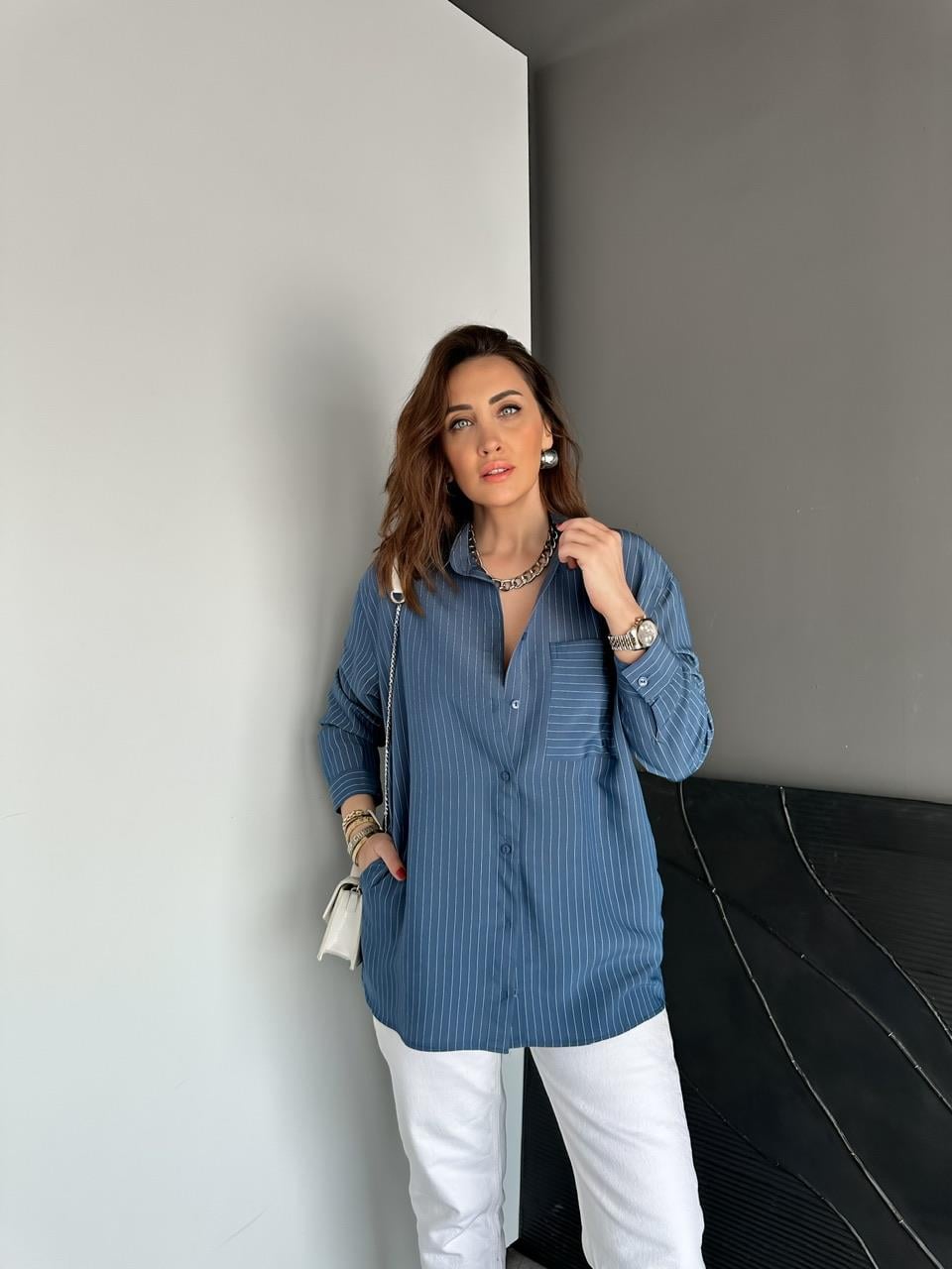 Lacivert Çizgili Cepli Basic Gömlek
