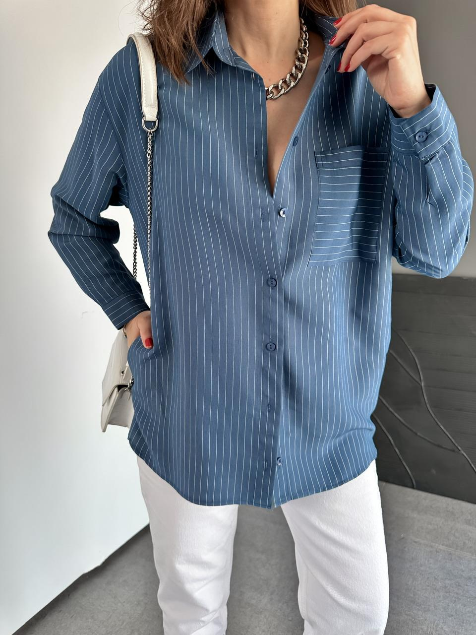 Lacivert Çizgili Cepli Basic Gömlek