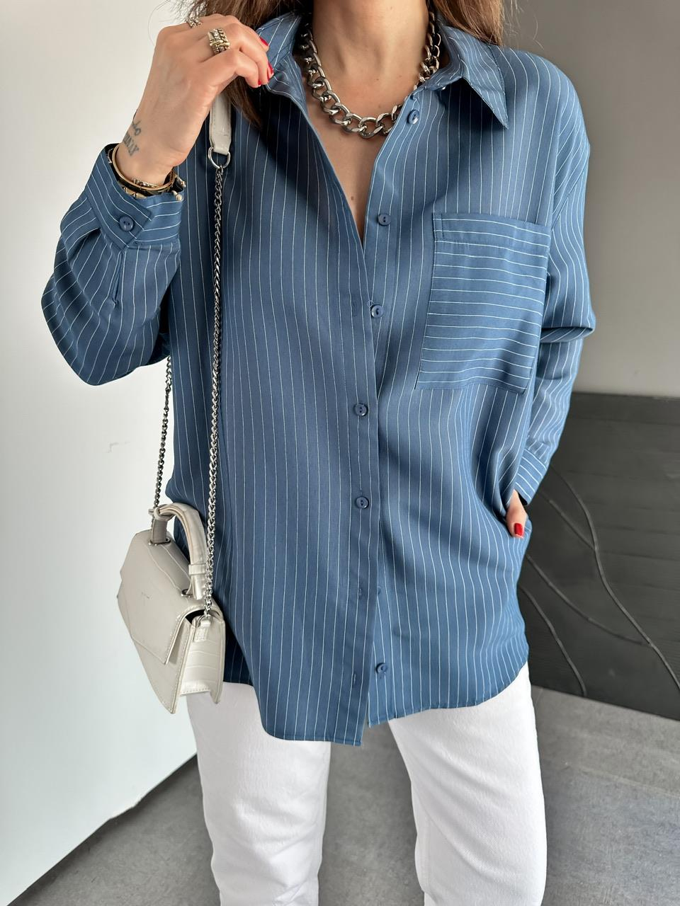 Lacivert Çizgili Cepli Basic Gömlek
