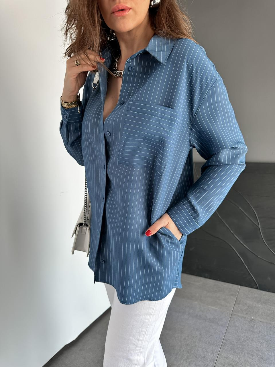 Lacivert Çizgili Cepli Basic Gömlek
