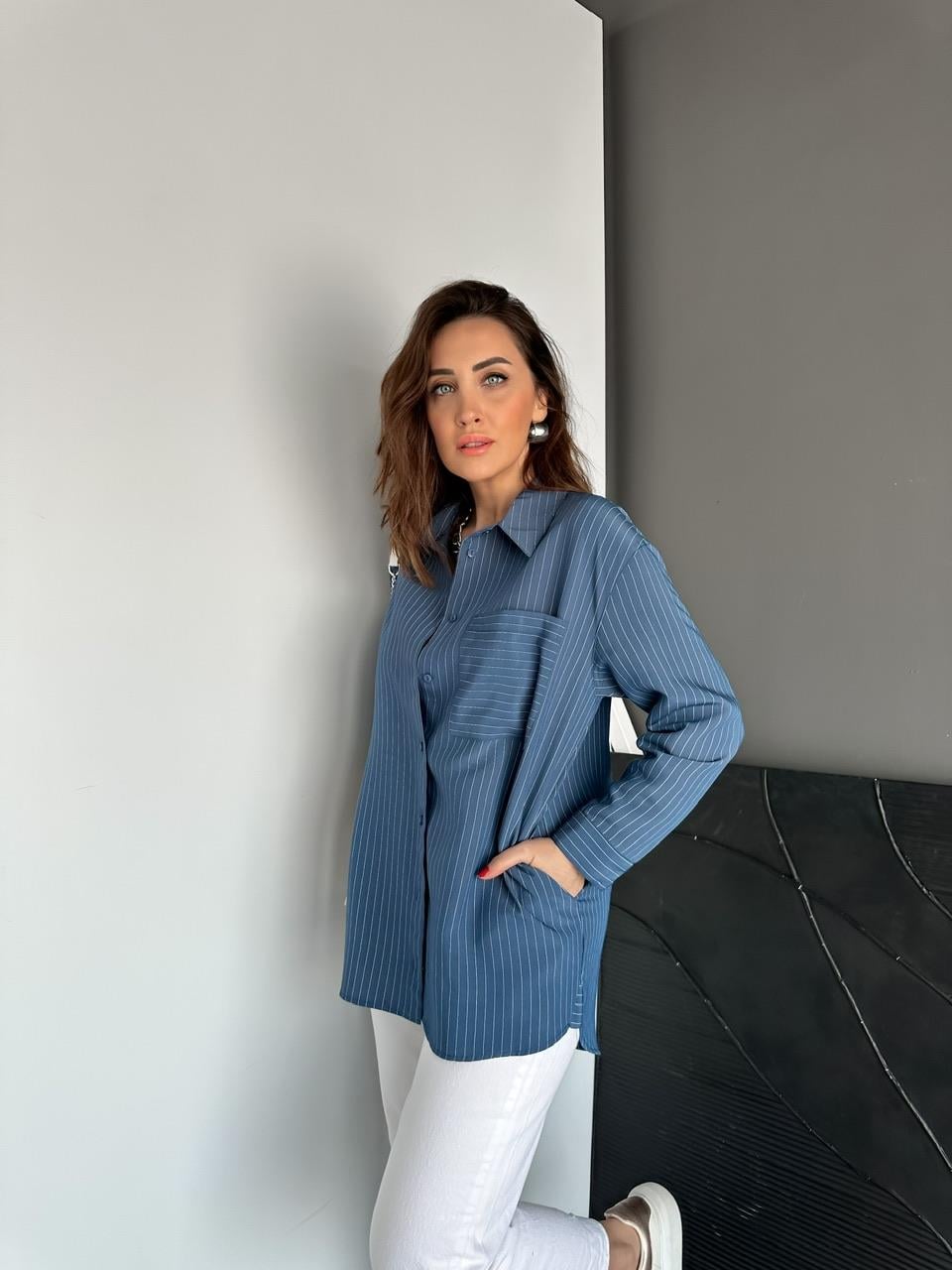 Lacivert Çizgili Cepli Basic Gömlek