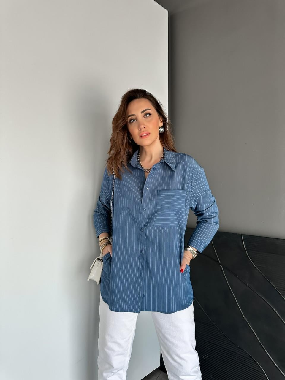 Lacivert Çizgili Cepli Basic Gömlek