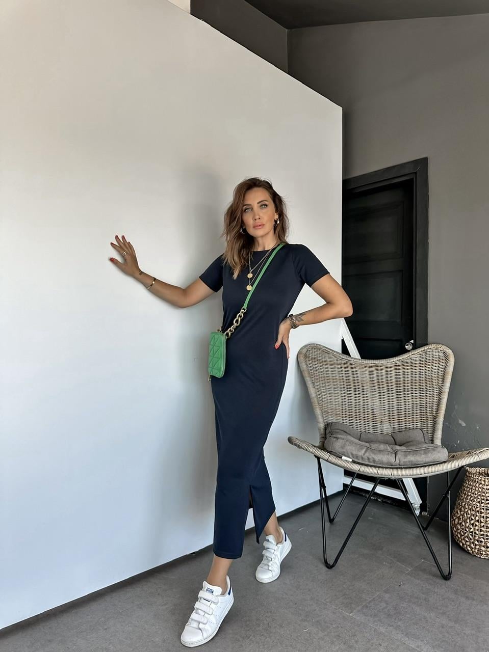 Lacivert Modal Yırtmaçlı Basic Elbise