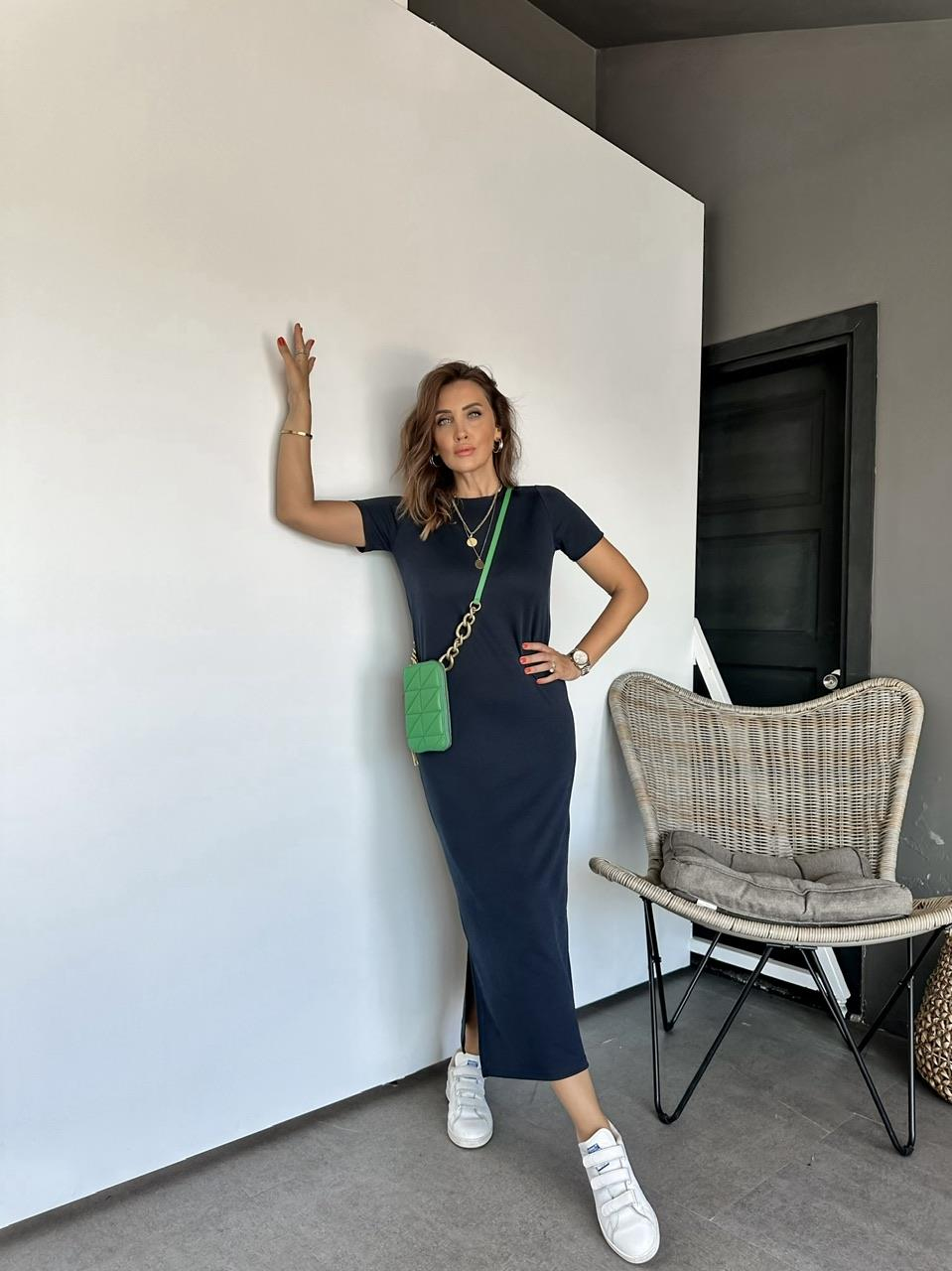 Lacivert Modal Yırtmaçlı Basic Elbise