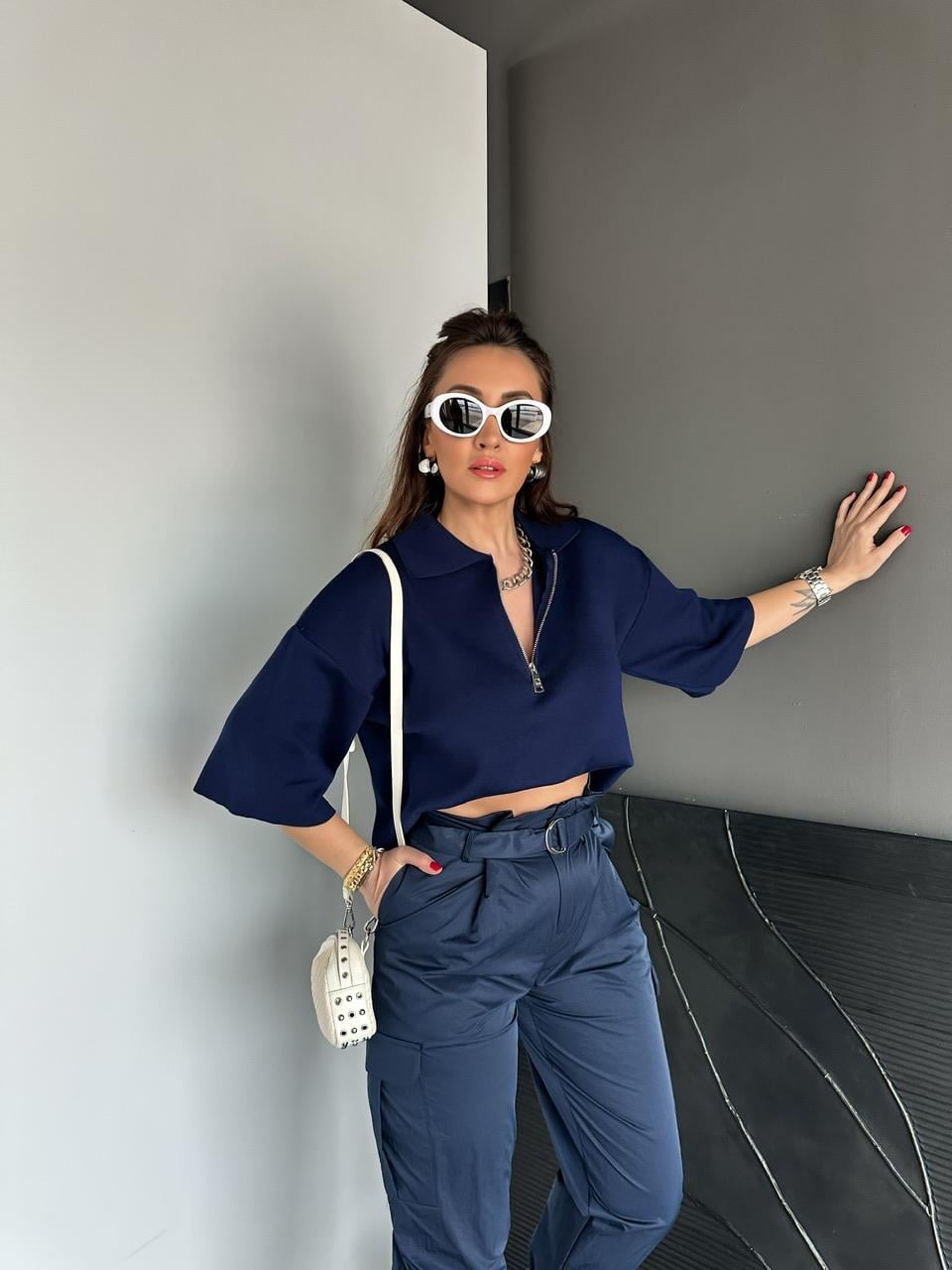 Lacivert Polo Yaka Fermuarlı Basic Triko Kazak