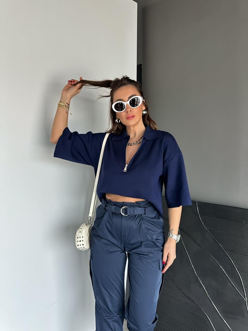 Lacivert Polo Yaka Fermuarlı Basic Triko Kazak