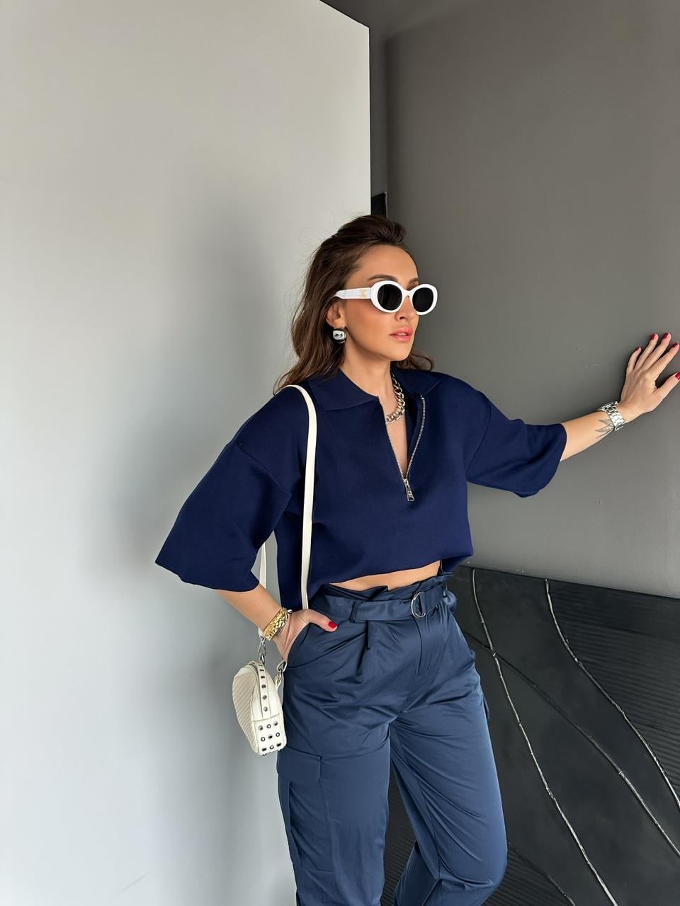 Lacivert Polo Yaka Fermuarlı Basic Triko Kazak