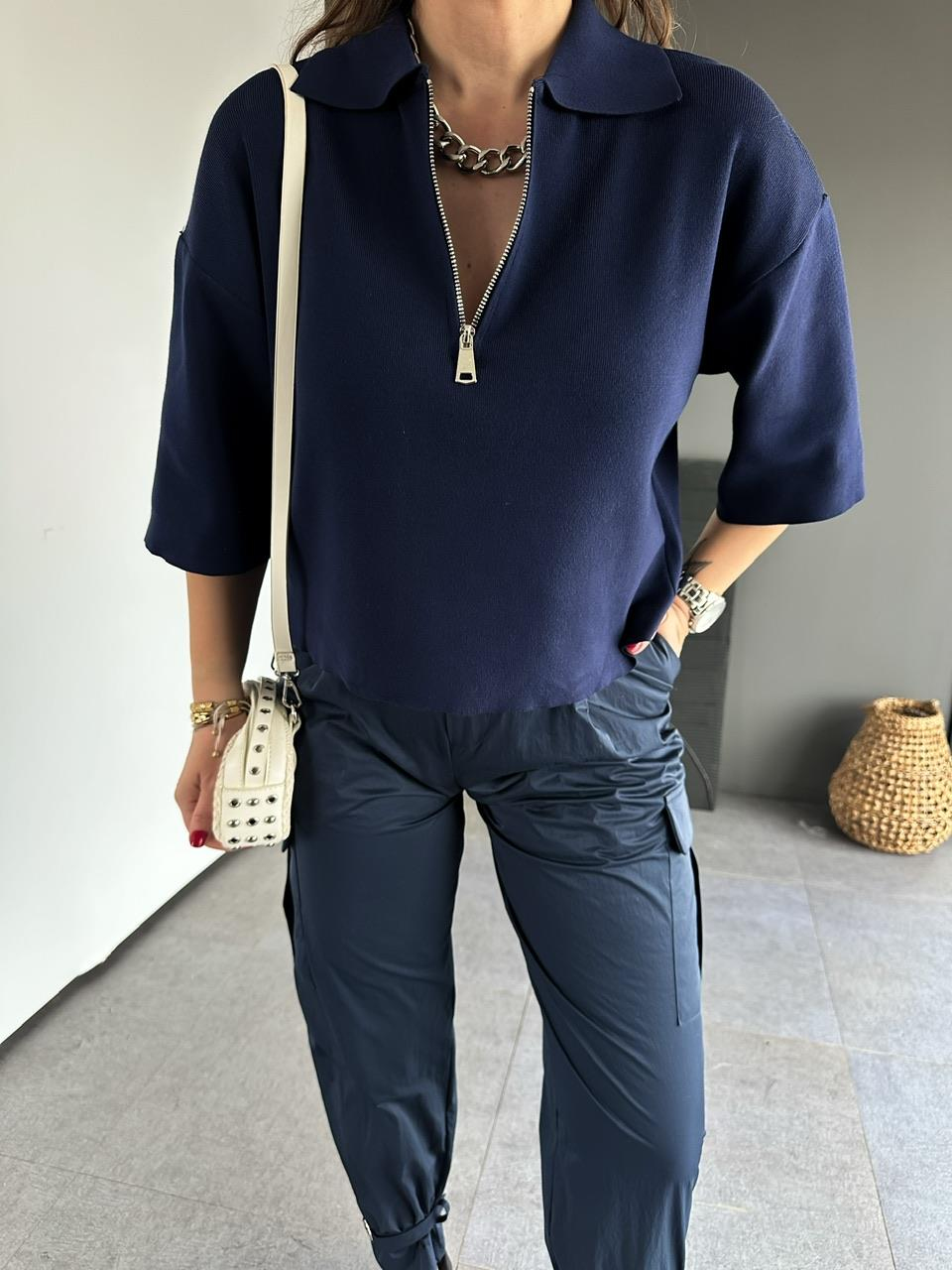 Lacivert Polo Yaka Fermuarlı Basic Triko Kazak