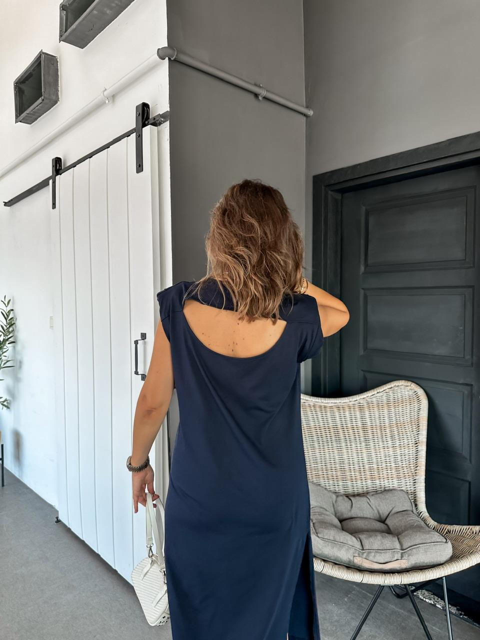 Lacivert Sırt Detaylı Basic Elbise