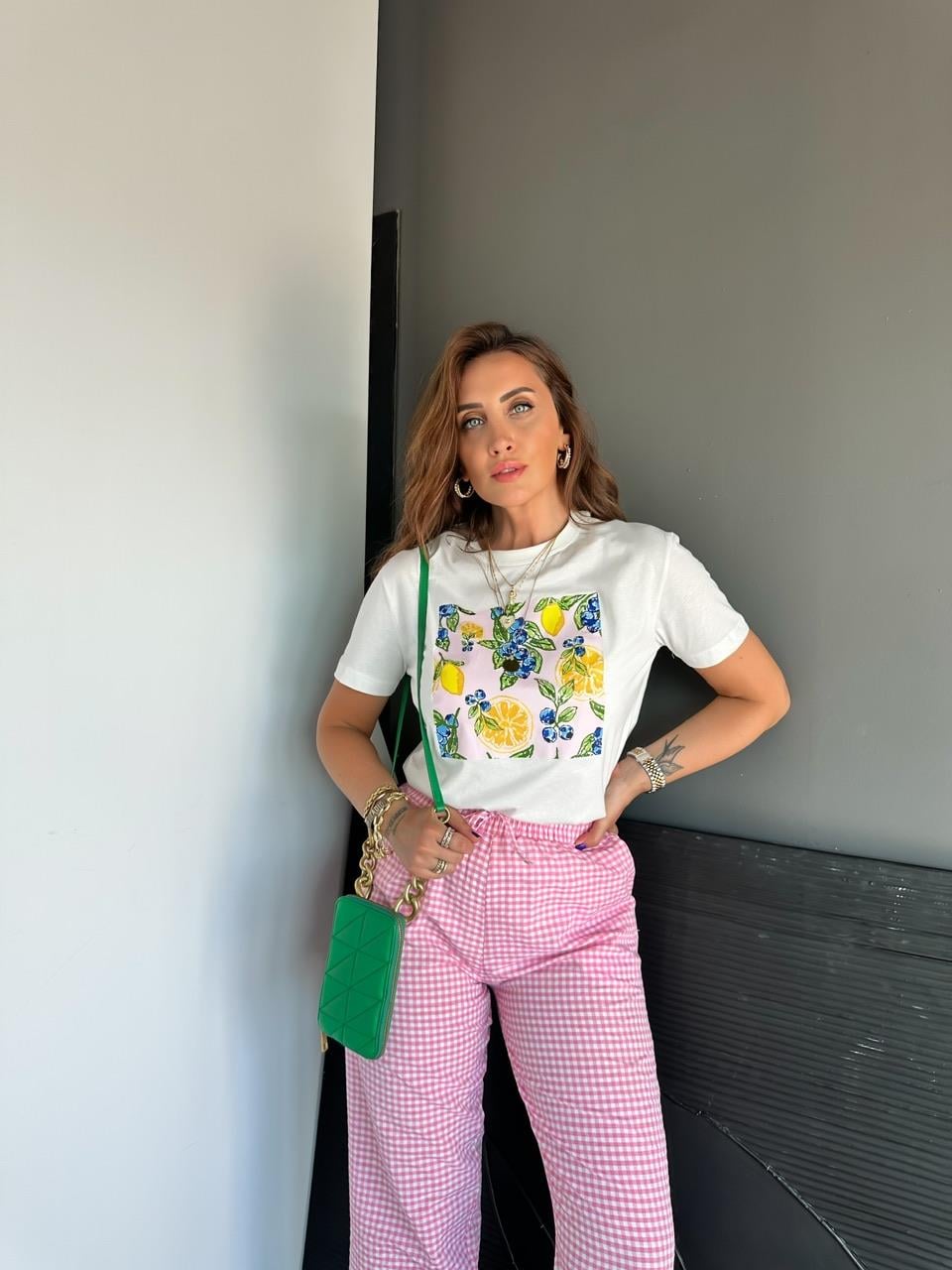 Limon Baskılı Pembeli Basic Tshirt