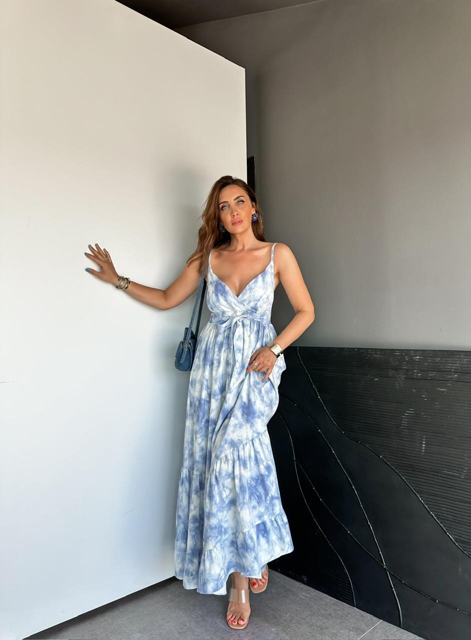Mavi Batik Desen İp Askılı Elbise