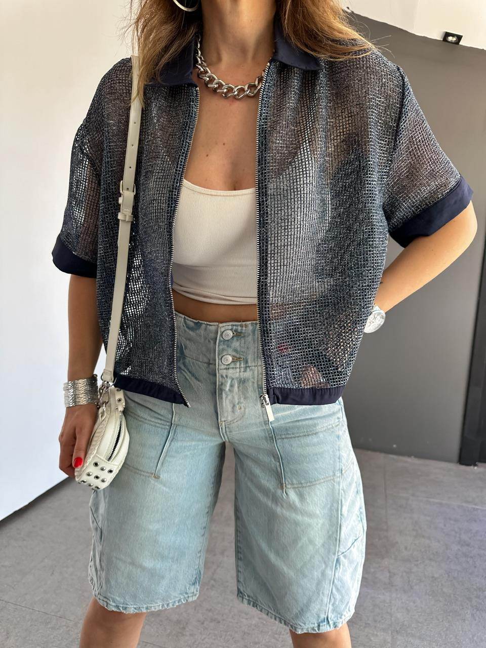 Mavi Büzgü İpli File Ceket 