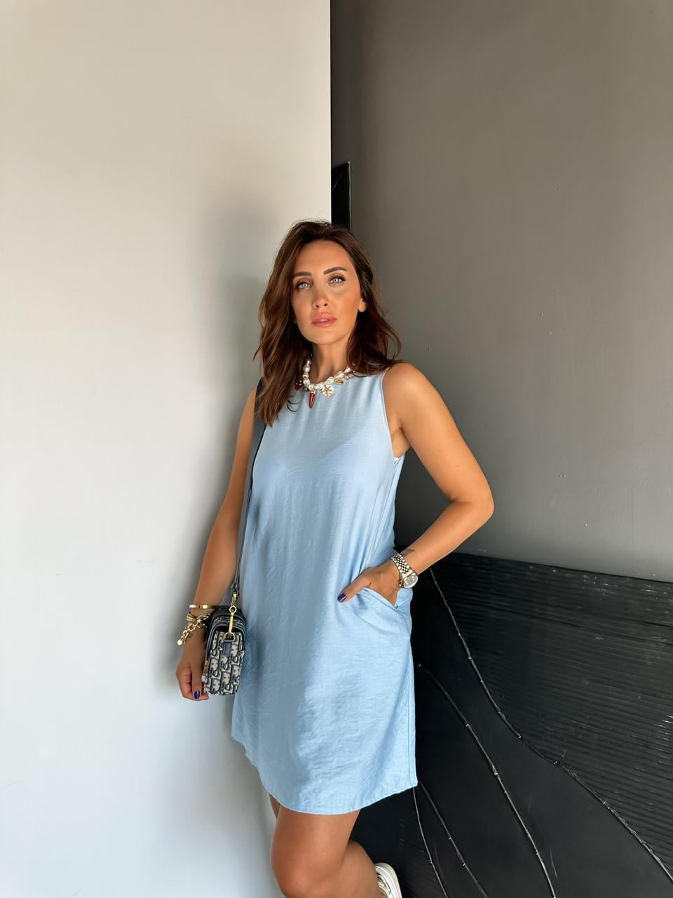 Mavi Cepli Basic Cotton Elbise