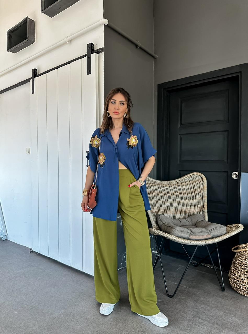 Mavi Çiçek İşlemeli Modal Gömlek