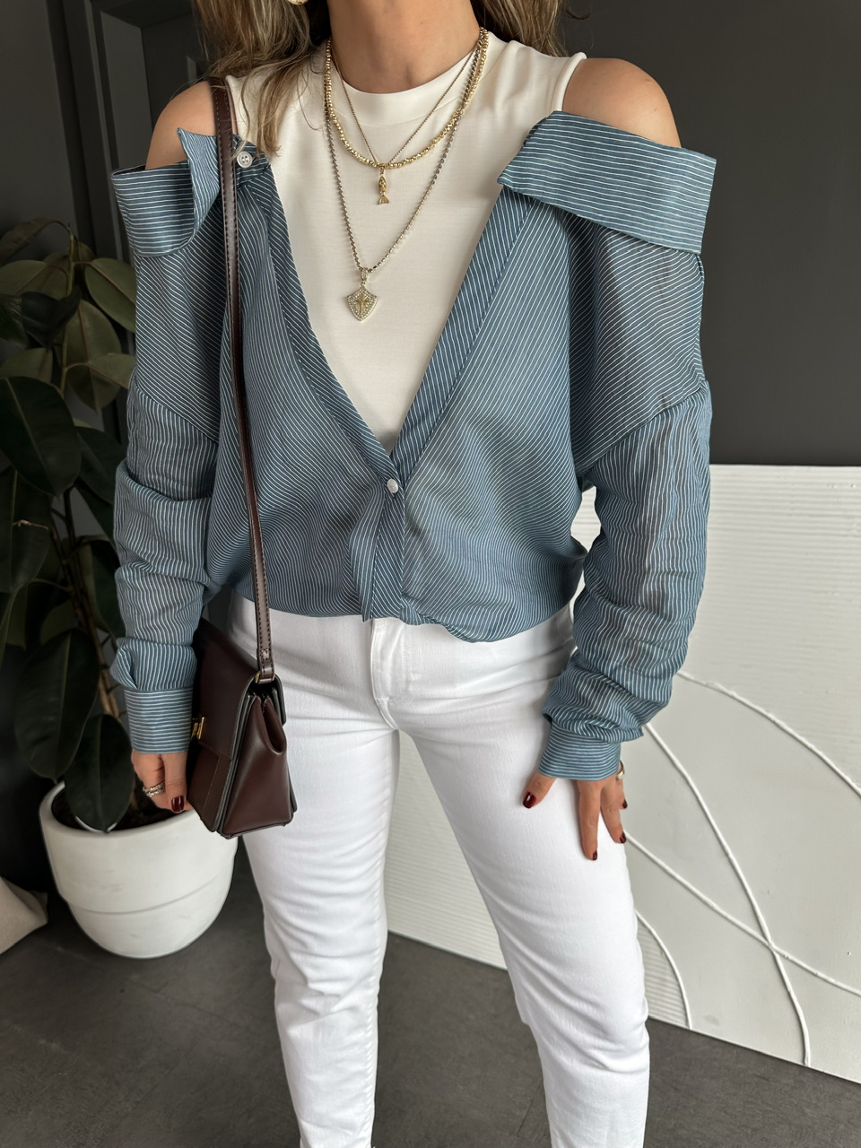 Mavi Çift Parça Tasarım Gömlek