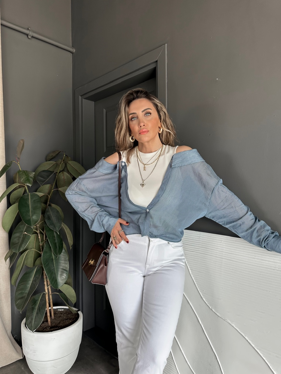 Mavi Çift Parça Tasarım Gömlek