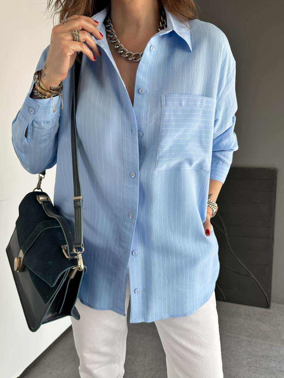 Mavi Çizgili Cepli Basic Gömlek