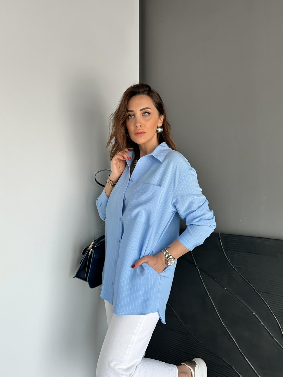 Mavi Çizgili Cepli Basic Gömlek