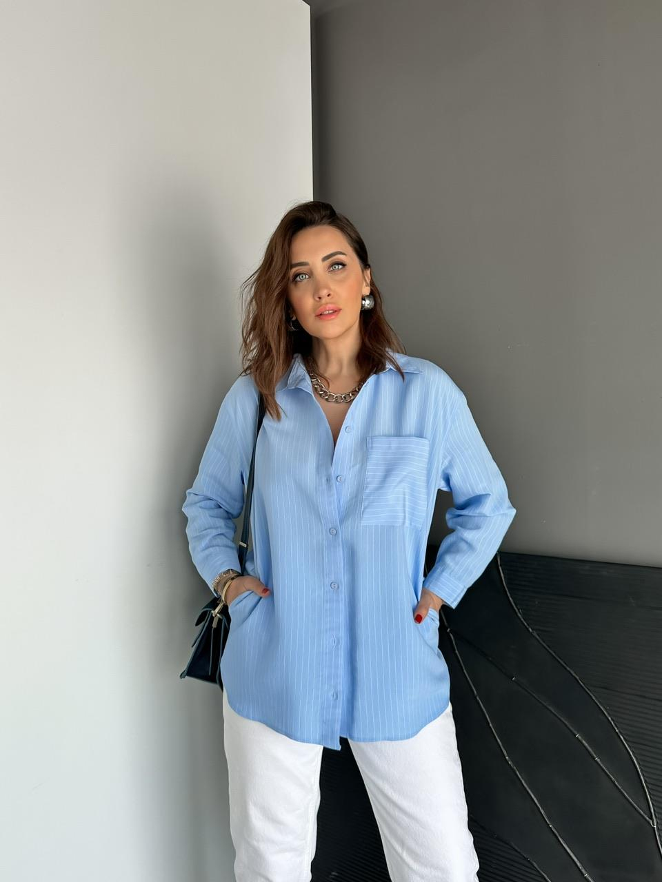 Mavi Çizgili Cepli Basic Gömlek