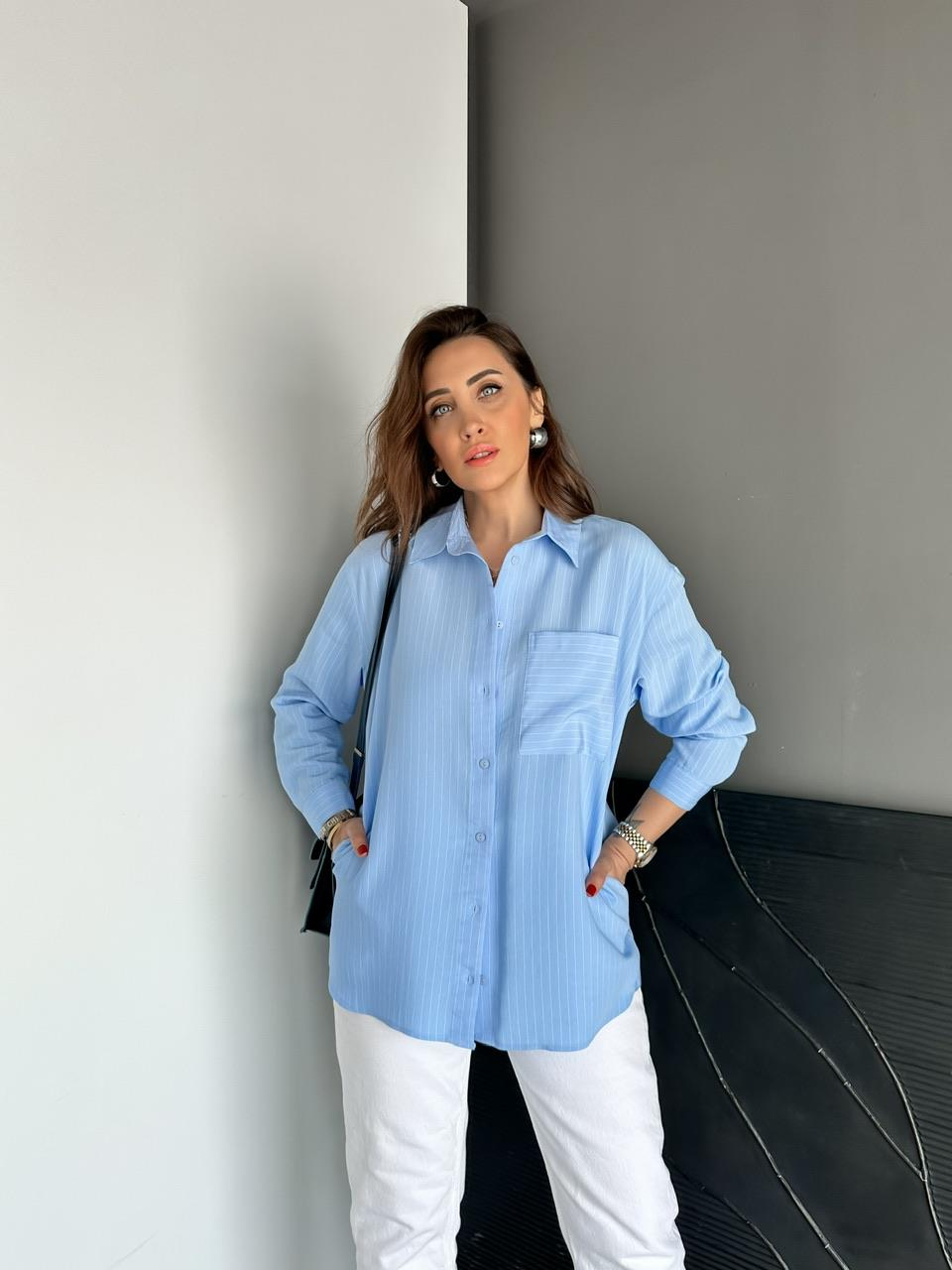 Mavi Çizgili Cepli Basic Gömlek