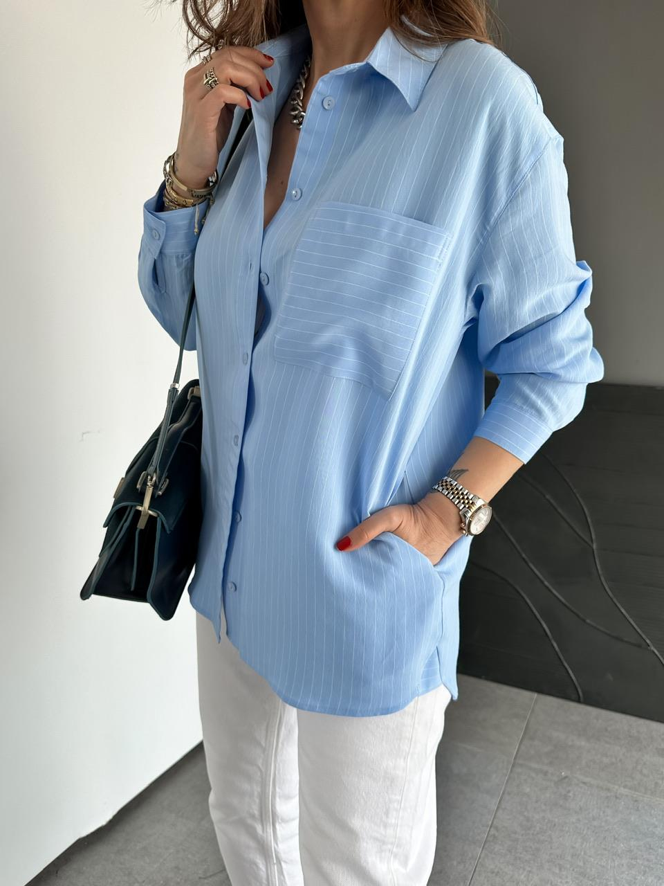 Mavi Çizgili Cepli Basic Gömlek