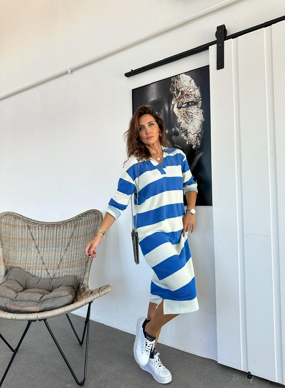 Mavi Çizgili Yakalı Basic Elbise