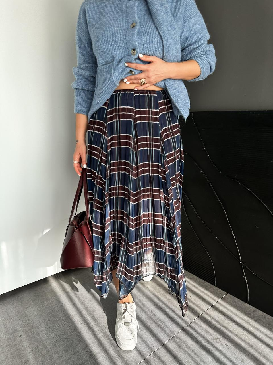 Mavi Ekose Pileli Etek