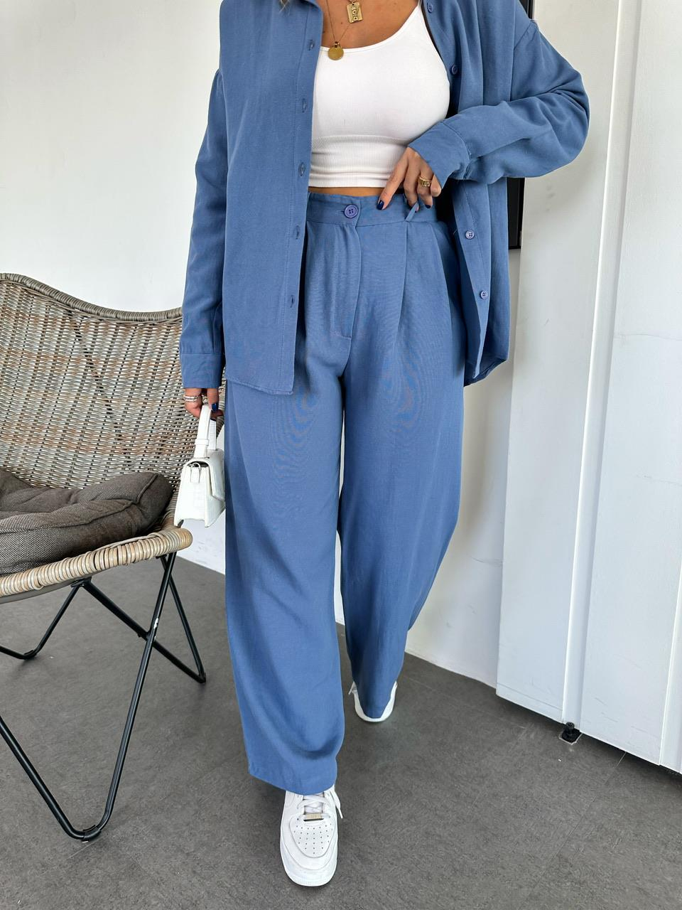 Mavi Gömlekli Basic Keten Takım