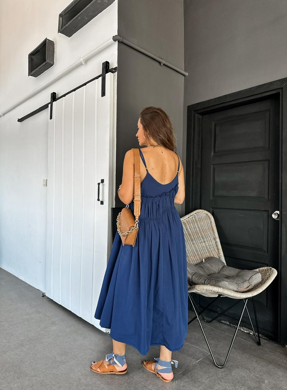 Mavi İp Askılı Drapeli Cotton Elbise