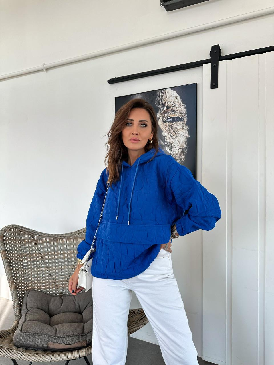 Mavi Kapitone Kapşonlu Sweatshirt