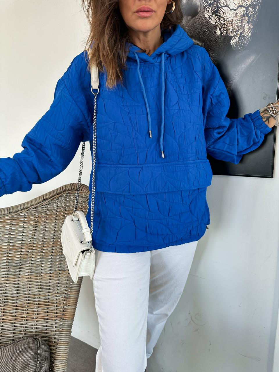 Mavi Kapitone Kapşonlu Sweatshirt