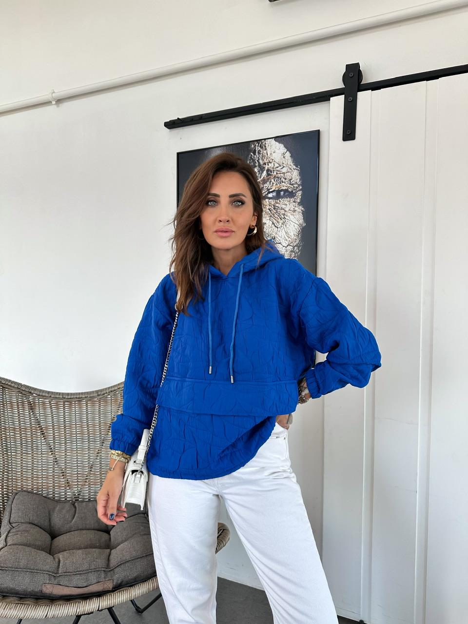 Mavi Kapitone Kapşonlu Sweatshirt