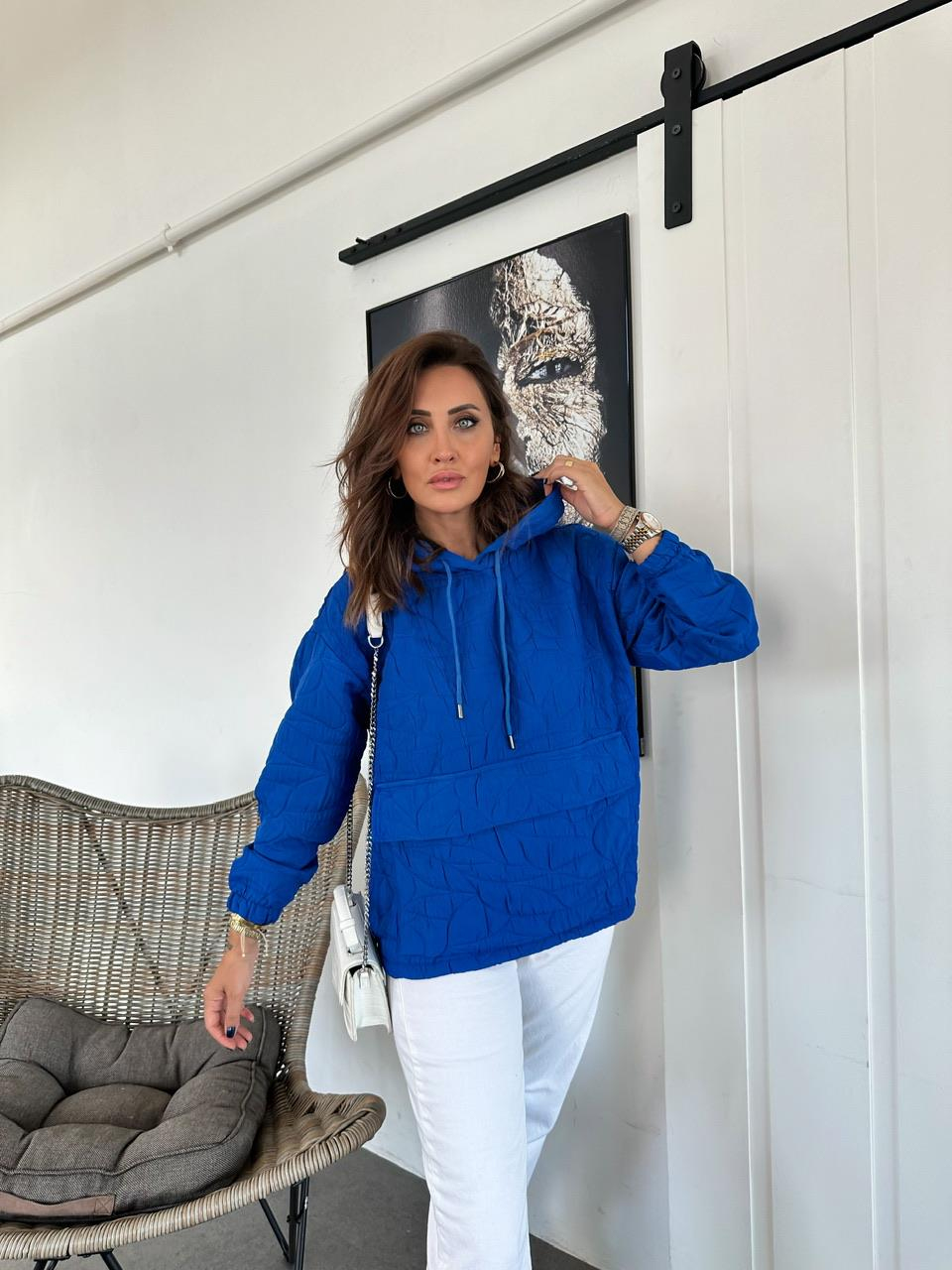 Mavi Kapitone Kapşonlu Sweatshirt