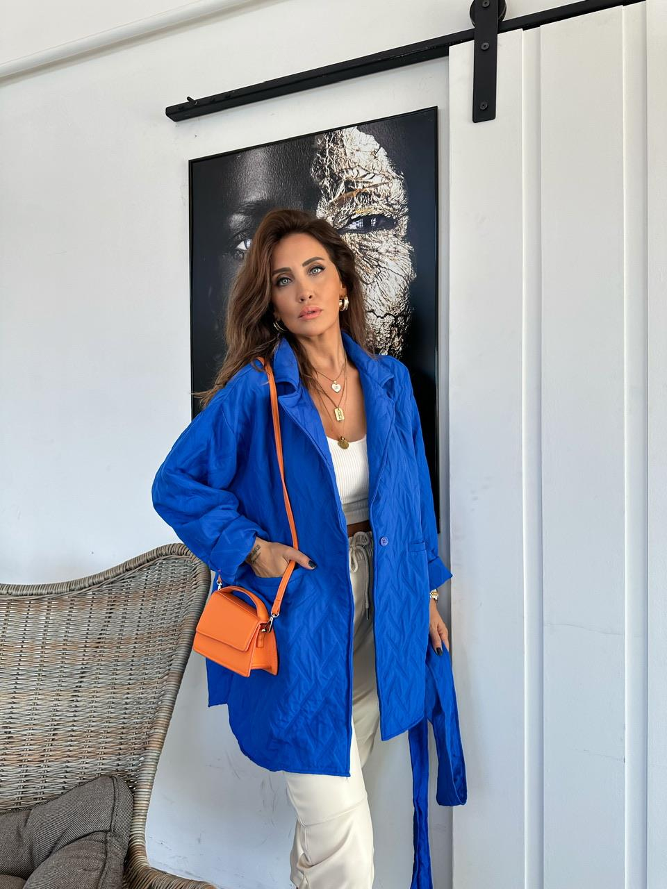 Mavi Kapitone Kuşaklı Ceket