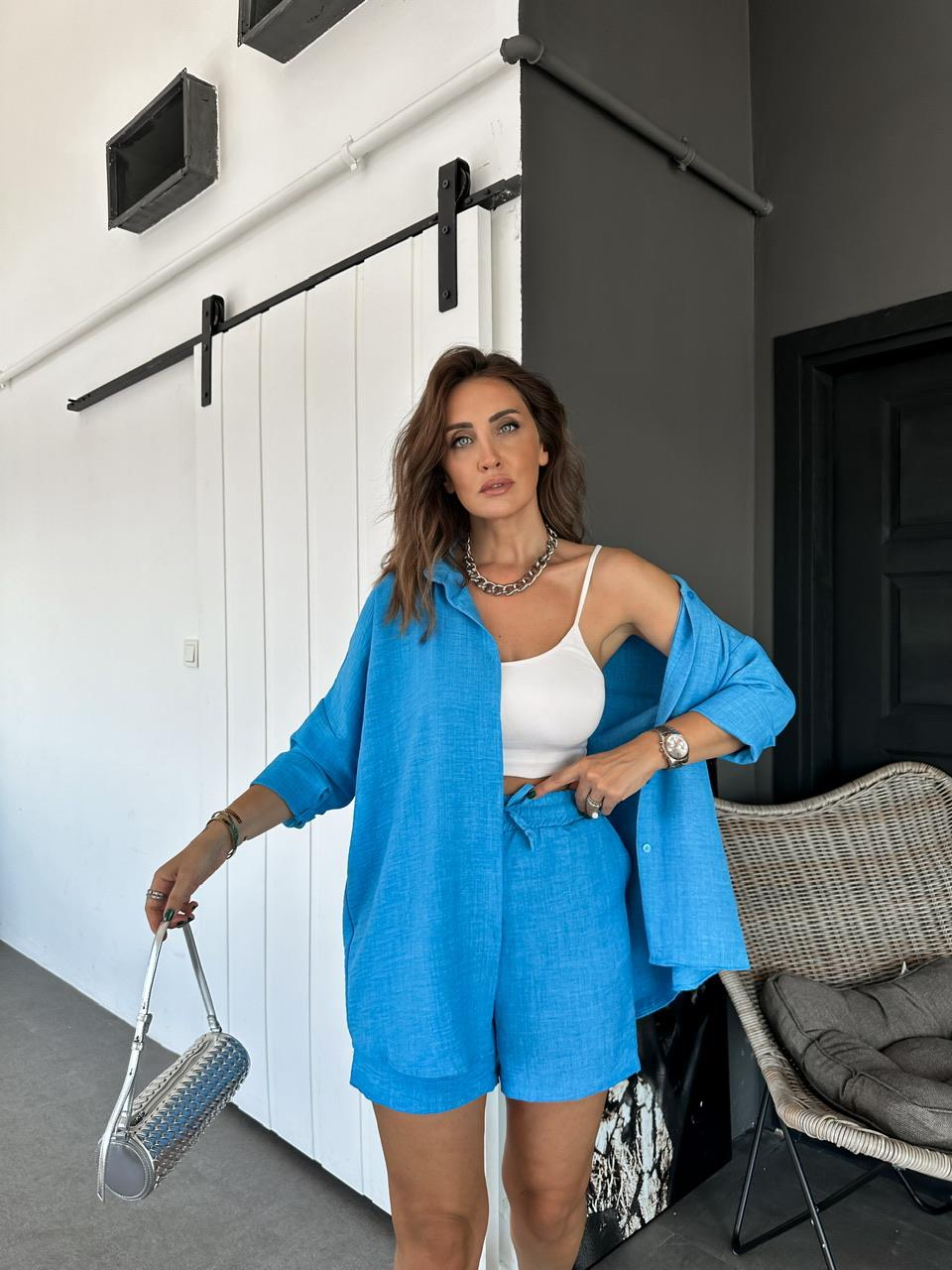 Mavi Şortlu Keten Basic Takım