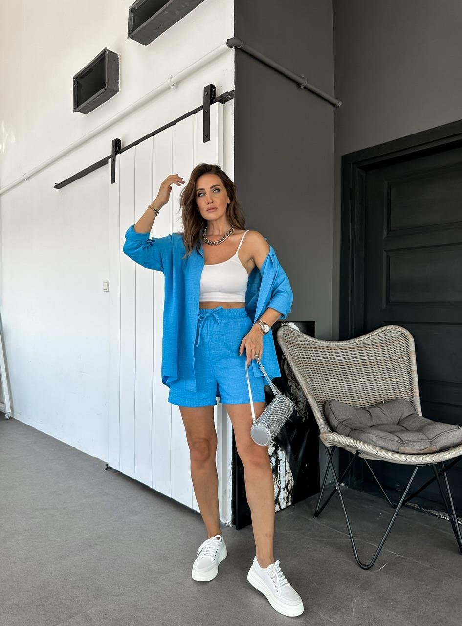 Mavi Şortlu Keten Basic Takım