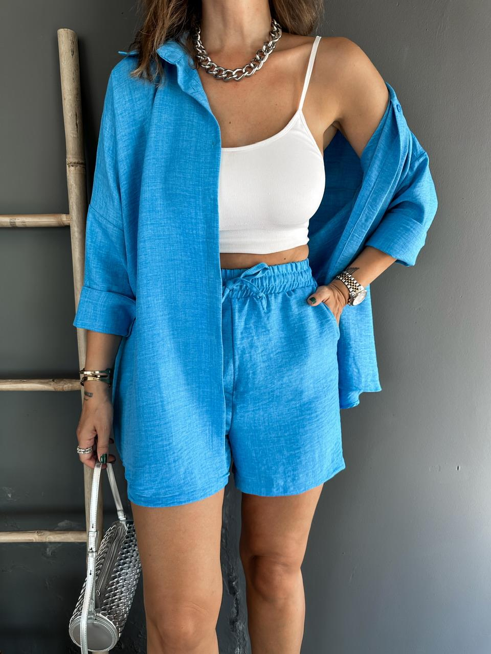 Mavi Şortlu Keten Basic Takım