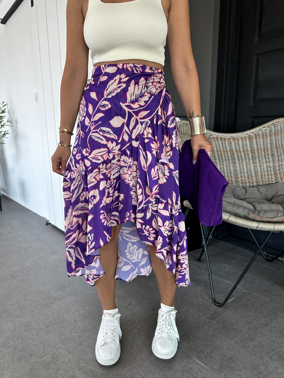 Mor Çiçekli Drapeli Etek