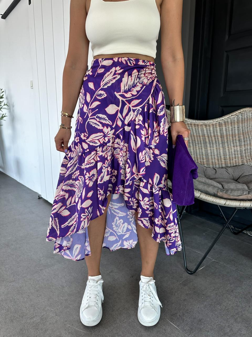 Mor Çiçekli Drapeli Etek