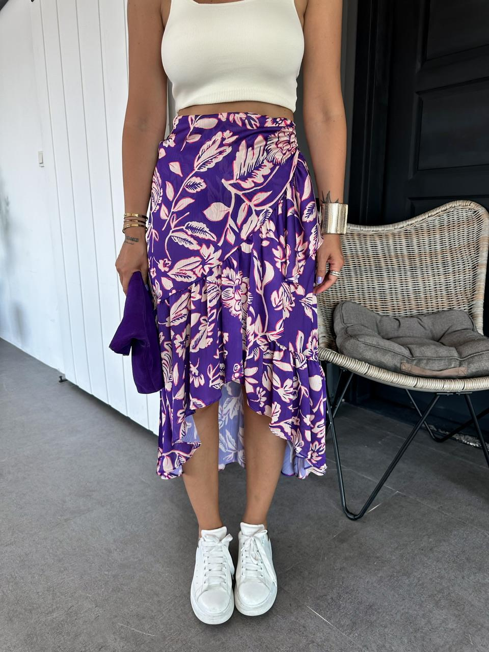 Mor Çiçekli Drapeli Etek