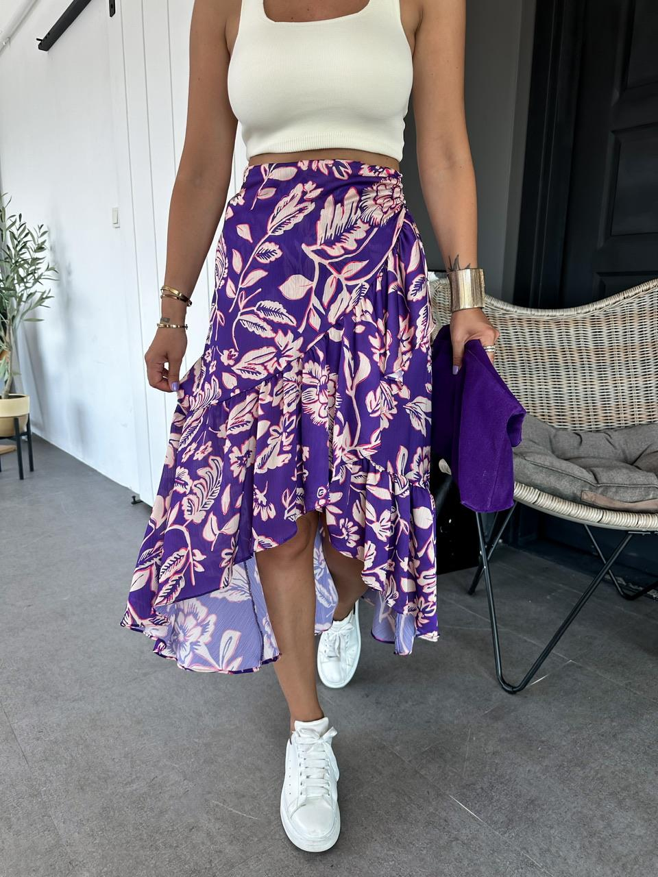 Mor Çiçekli Drapeli Etek