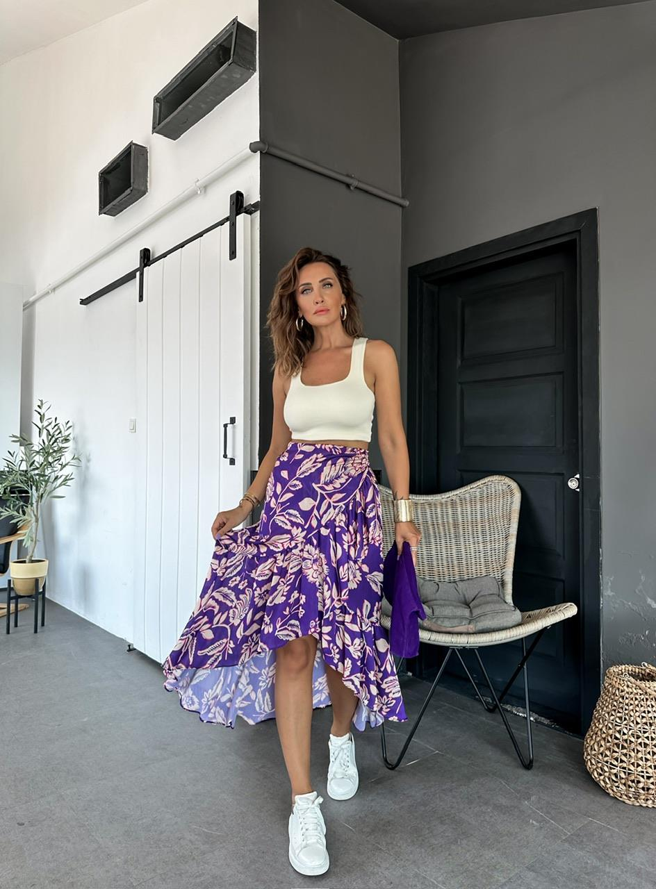 Mor Çiçekli Drapeli Etek