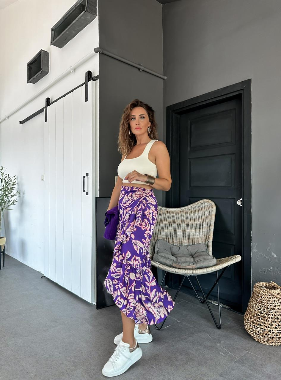 Mor Çiçekli Drapeli Etek