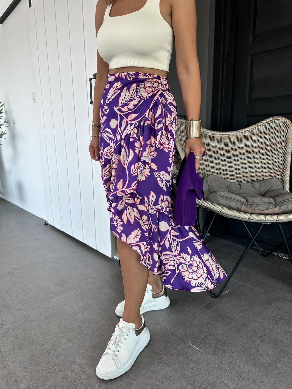 Mor Çiçekli Drapeli Etek